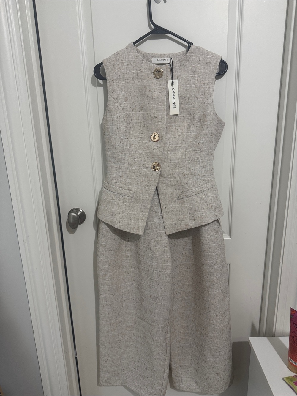 Commense Neutral Tweed Sleeveless Vest and Wide-Leg Trousers